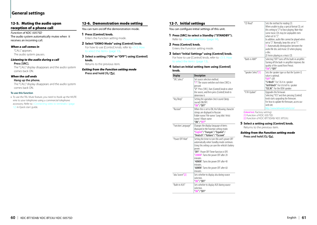 Kenwood KDC-BT73DAB appendix Muting the audio upon reception of a phone call, Demonstration mode setting, Initial settings 