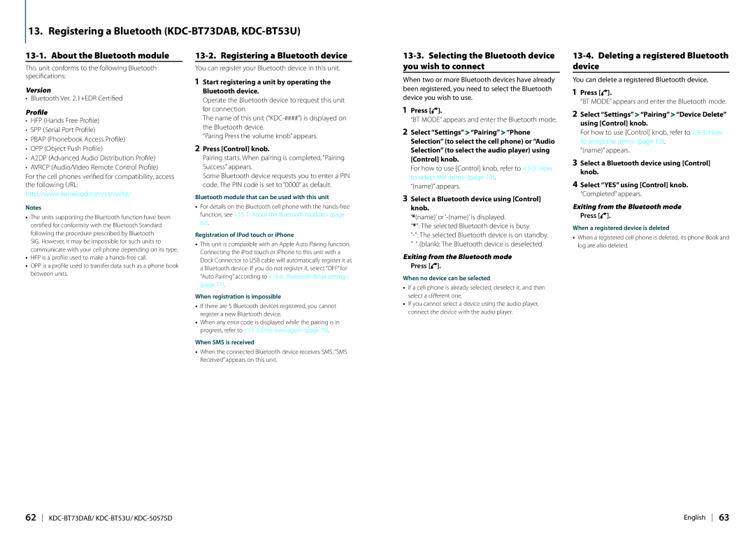 Kenwood Registering a Bluetooth KDC-BT73DAB, KDC-BT53U, About the Bluetooth module, Registering a Bluetooth device 