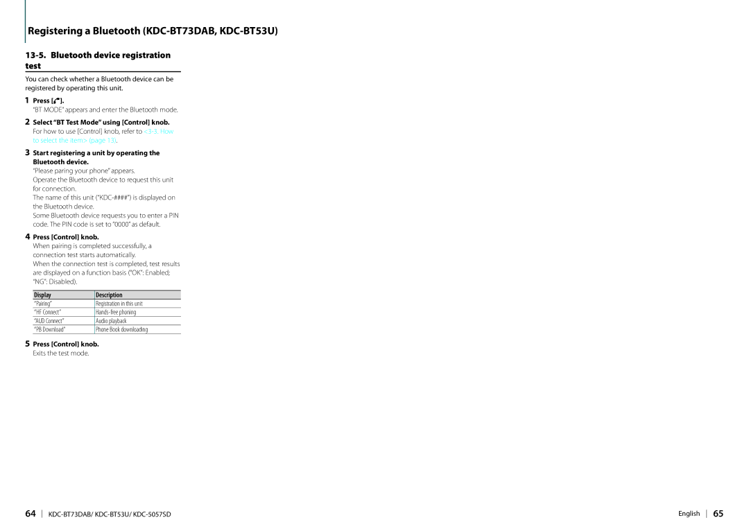 Kenwood KDC-BT73DAB appendix Bluetooth device registration test, Display Description 