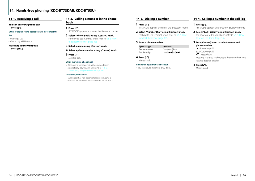 Kenwood appendix Hands-free phoning KDC-BT73DAB, KDC-BT53U, Receiving a call, Calling a number in the phone book 