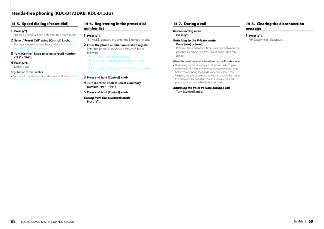 Kenwood KDC-BT73DAB appendix Registering in the preset dial number list, During a call, Clearing the disconnection message 