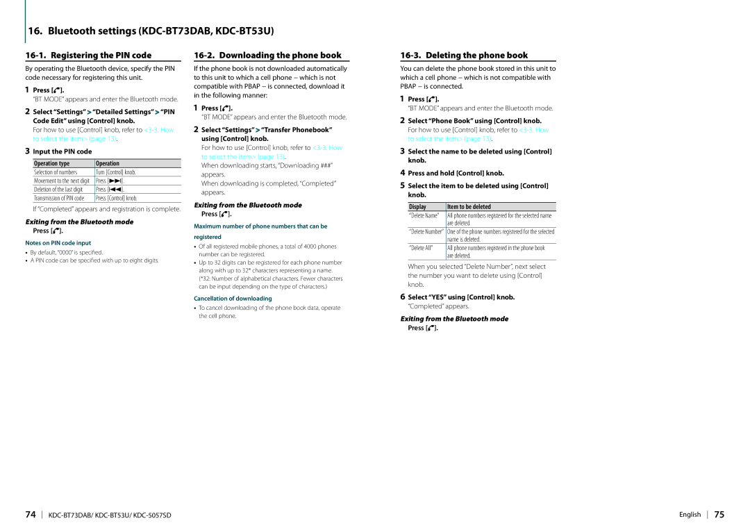 Kenwood appendix Bluetooth settings KDC-BT73DAB, KDC-BT53U, Registering the PIN code, Downloading the phone book 