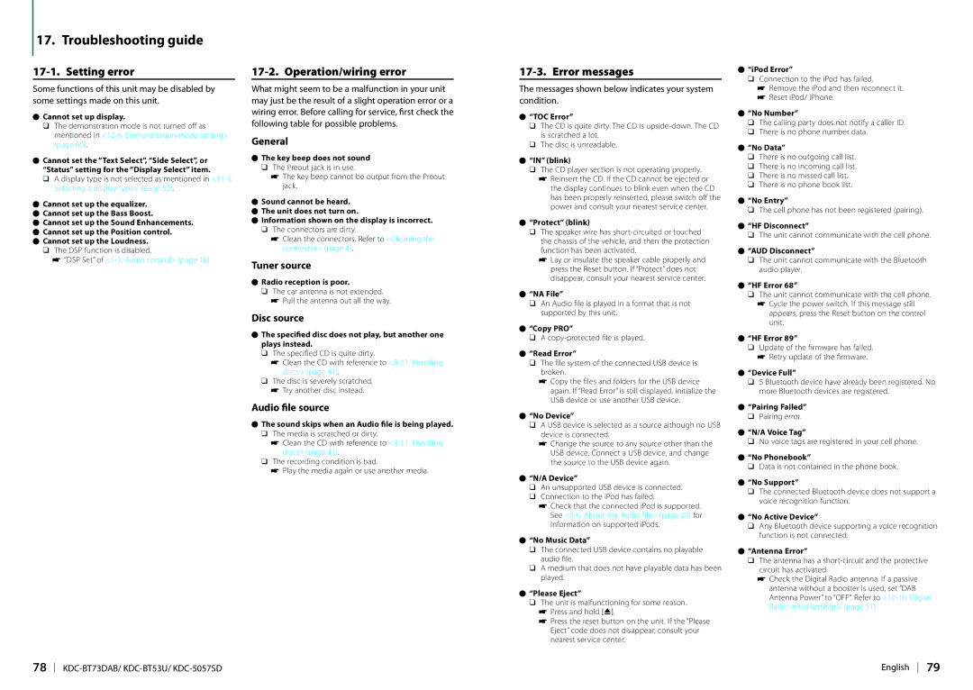 Kenwood KDC-BT73DAB appendix Troubleshooting guide, Setting error, Operation/wiring error, Error messages 
