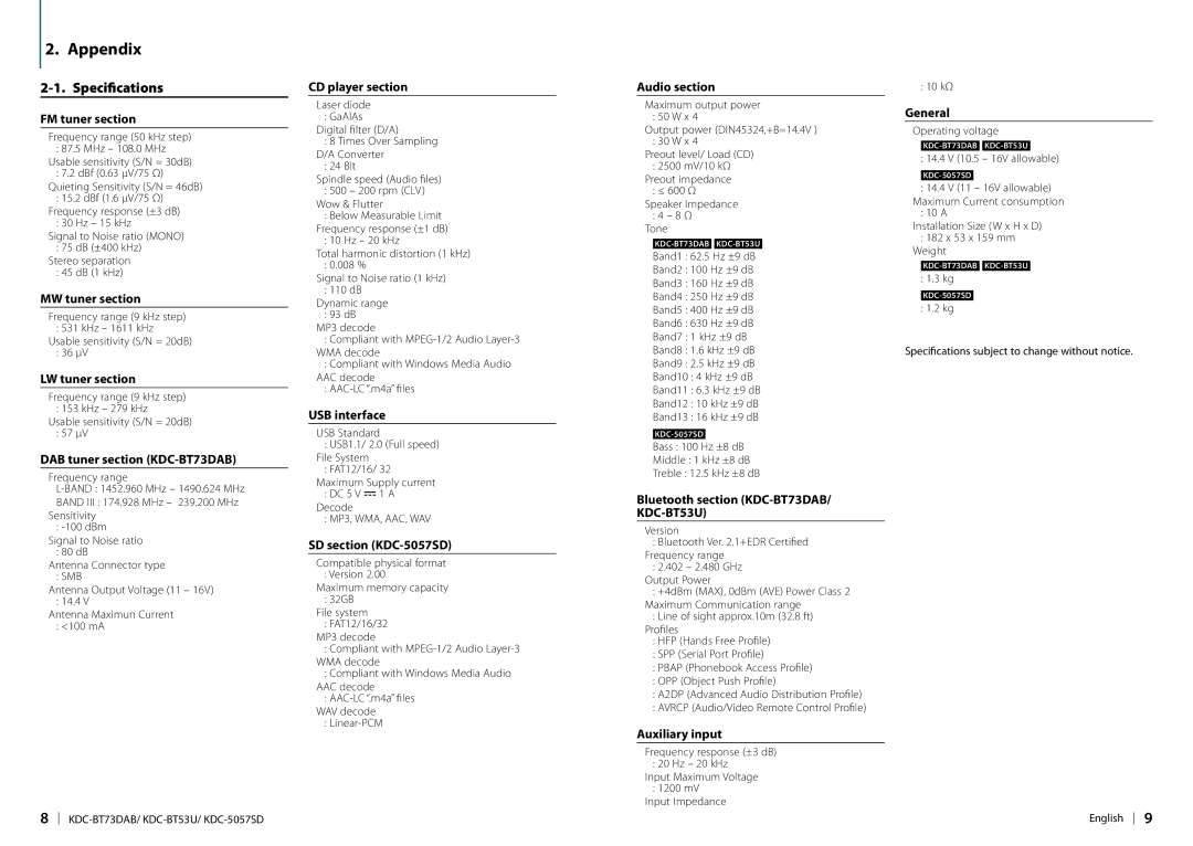 Kenwood KDC-BT73DAB appendix Appendix, Specifications 