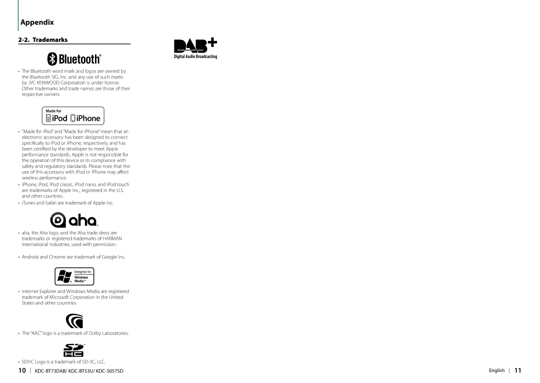 Kenwood KDC-BT73DAB appendix Trademarks 