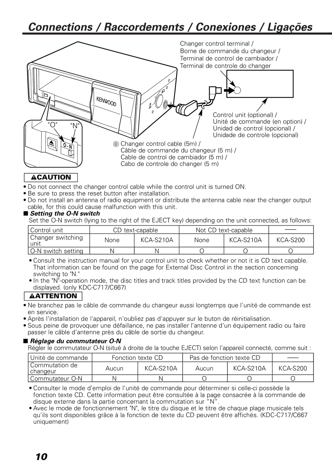 Kenwood KDC-C667 Connections / Raccordements / Conexiones / Ligações, Setting the O-N switch, Réglage du commutateur O-N 