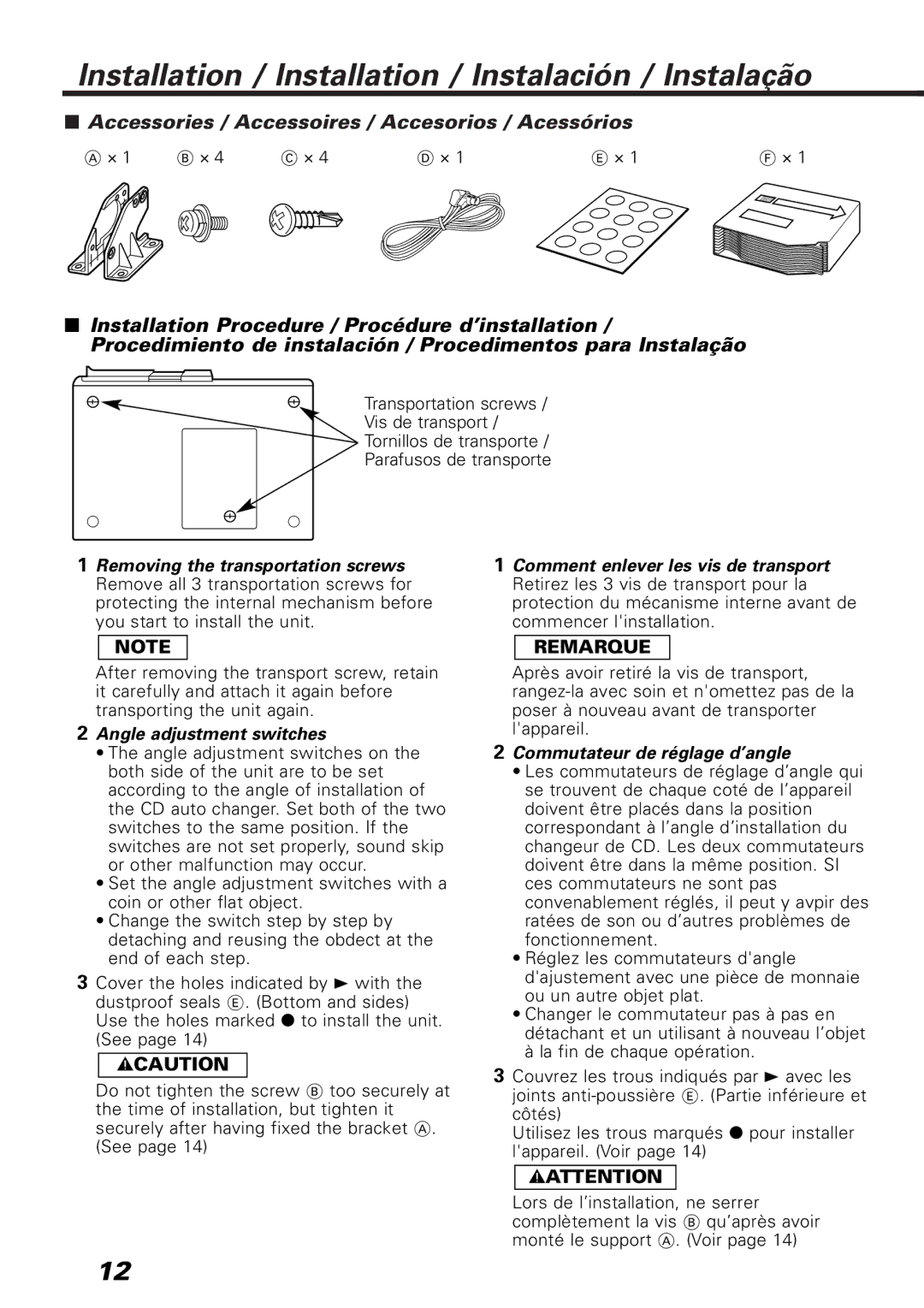 Kenwood KDC-C717, KDC-C667, KDC-C467 Installation / Installation / Instalación / Instalação, Angle adjustment switches 