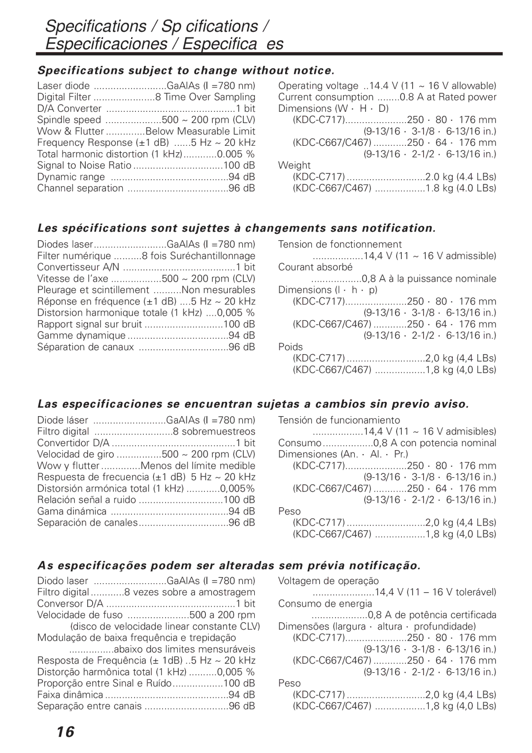 Kenwood KDC-C667, KDC-C717, KDC-C467 instruction manual As especificações podem ser alteradas sem prévia notificação 