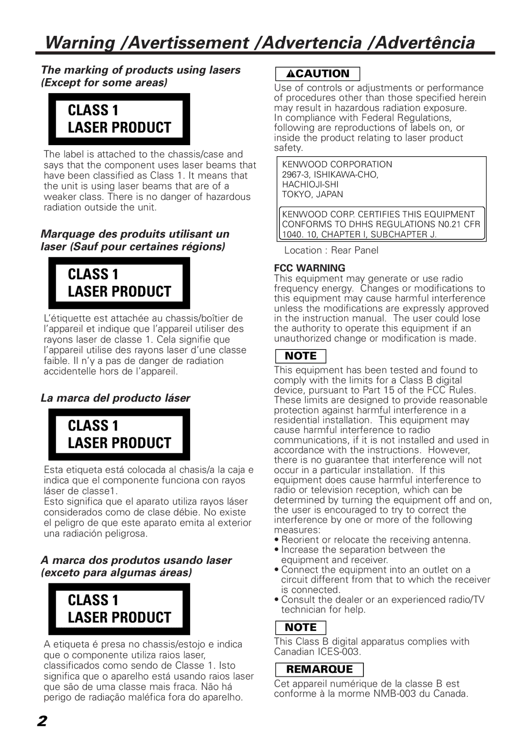 Kenwood KDC-C467, KDC-C717, KDC-C667 instruction manual 2CAUTION, FCC Warning, Remarque 