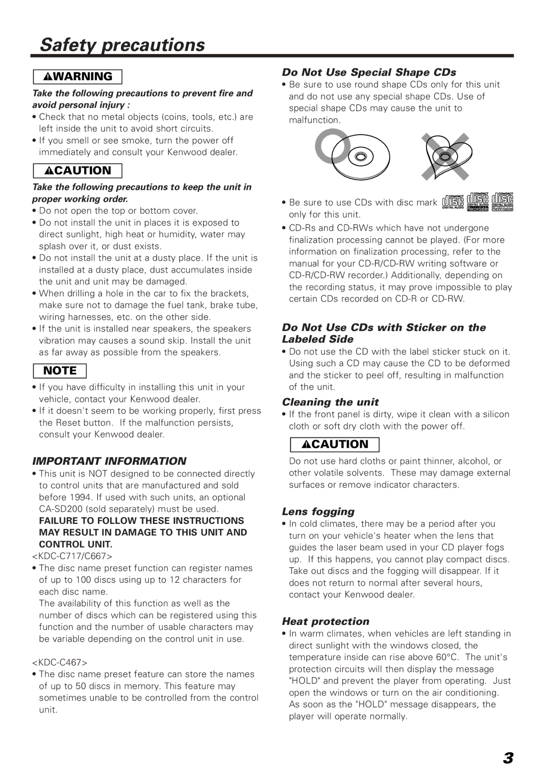 Kenwood KDC-C717, KDC-C667, KDC-C467 instruction manual Safety precautions, Important Information 