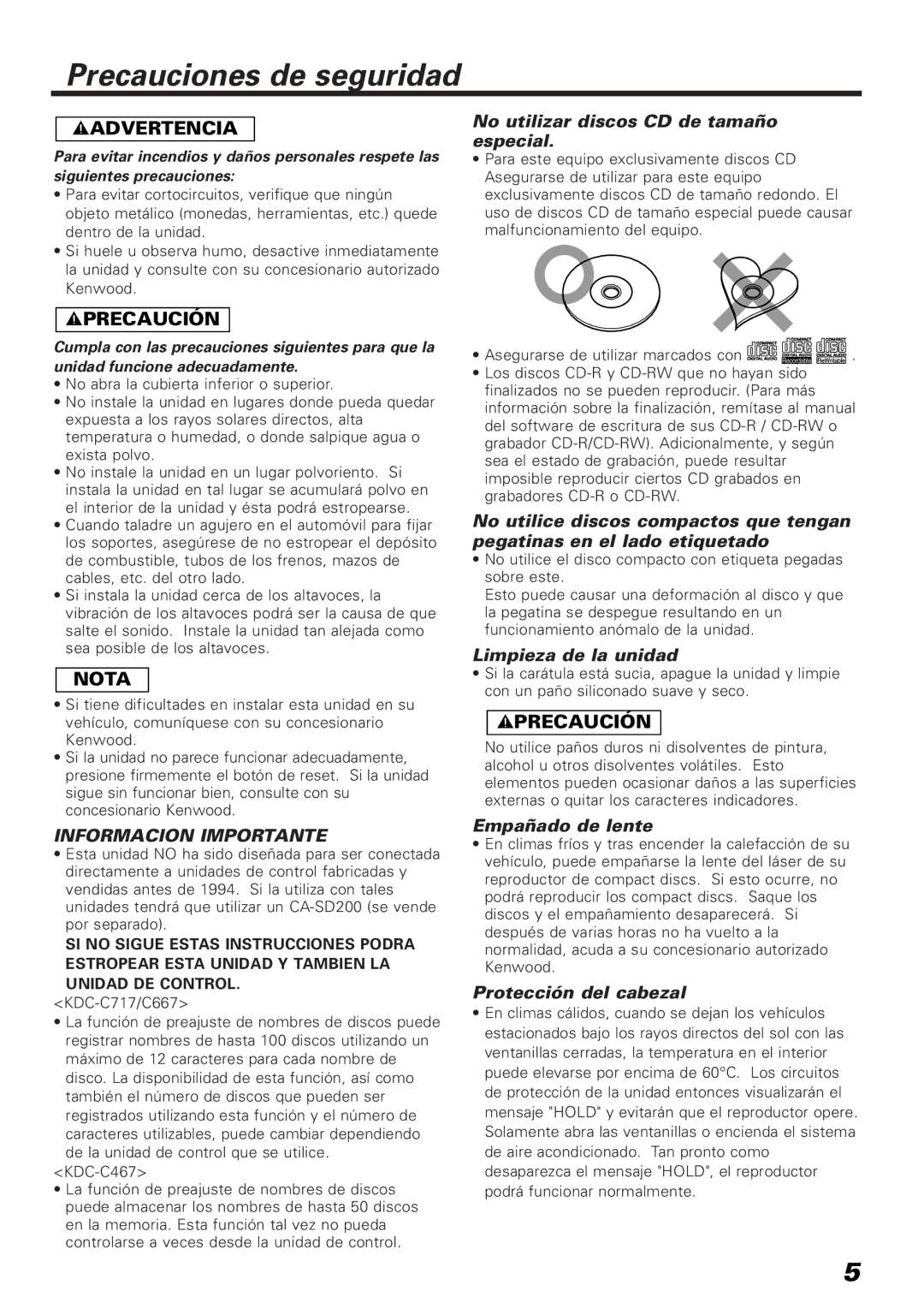 Kenwood KDC-C467, KDC-C717, KDC-C667 instruction manual Precauciones de seguridad, Informacion Importante 