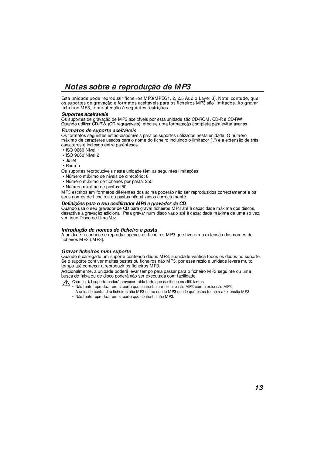 Kenwood KDC-C719MP instruction manual Notas sobre a reprodução de MP3 