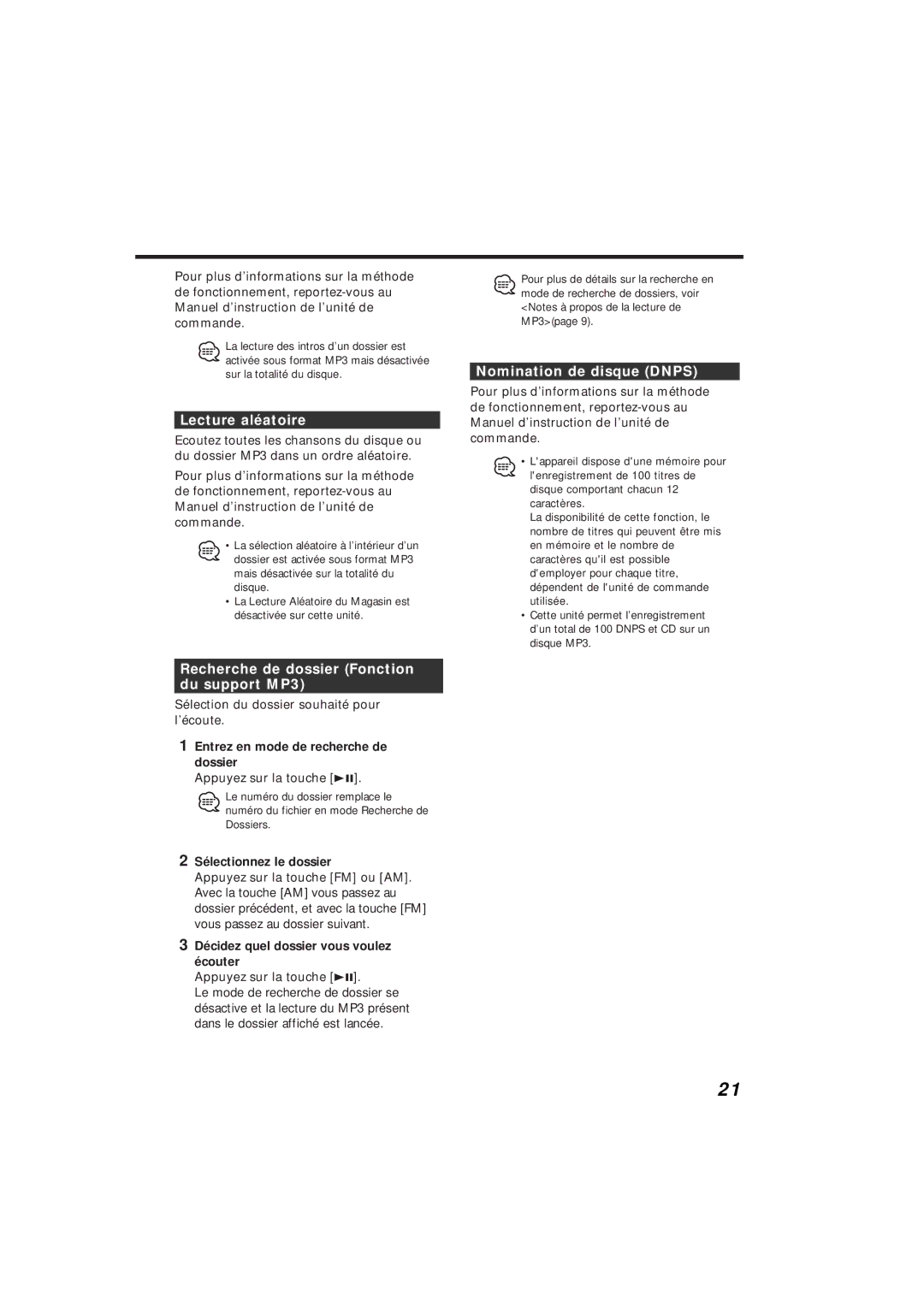 Kenwood KDC-C719MP Lecture aléatoire, Recherche de dossier Fonction du support MP3, Nomination de disque Dnps 