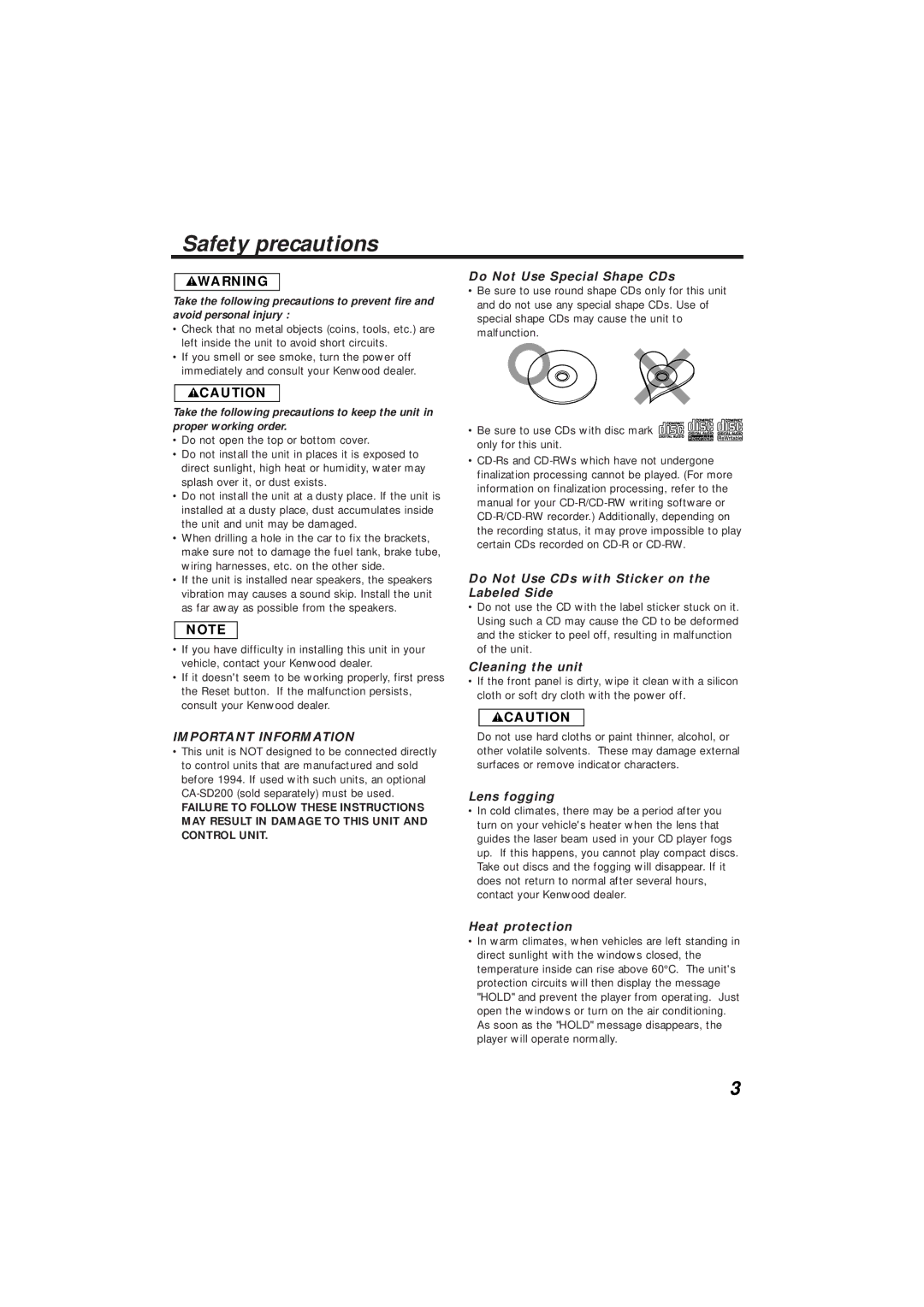 Kenwood KDC-C719MP instruction manual Safety precautions 