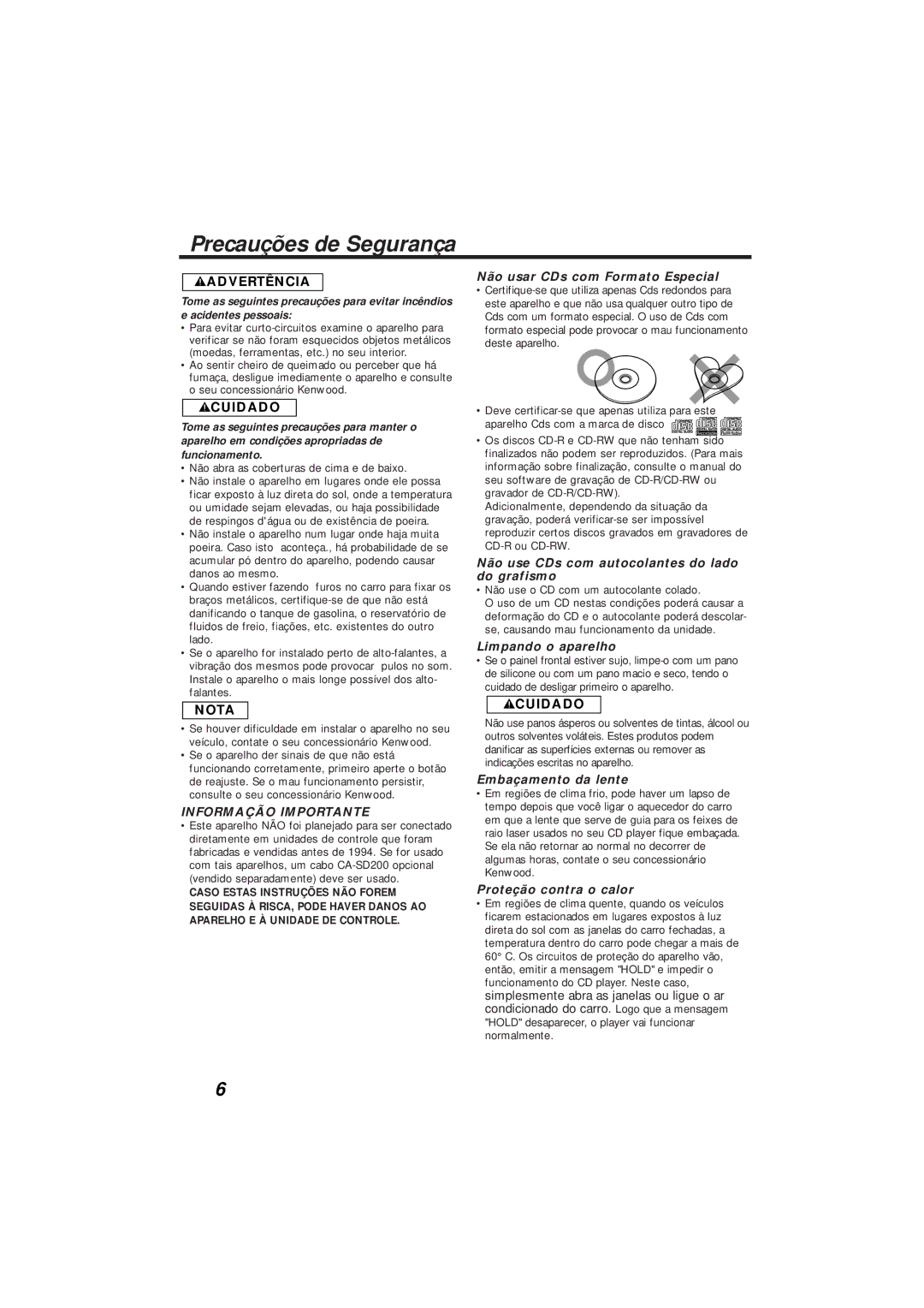 Kenwood KDC-C719MP instruction manual Precauções de Segurança 