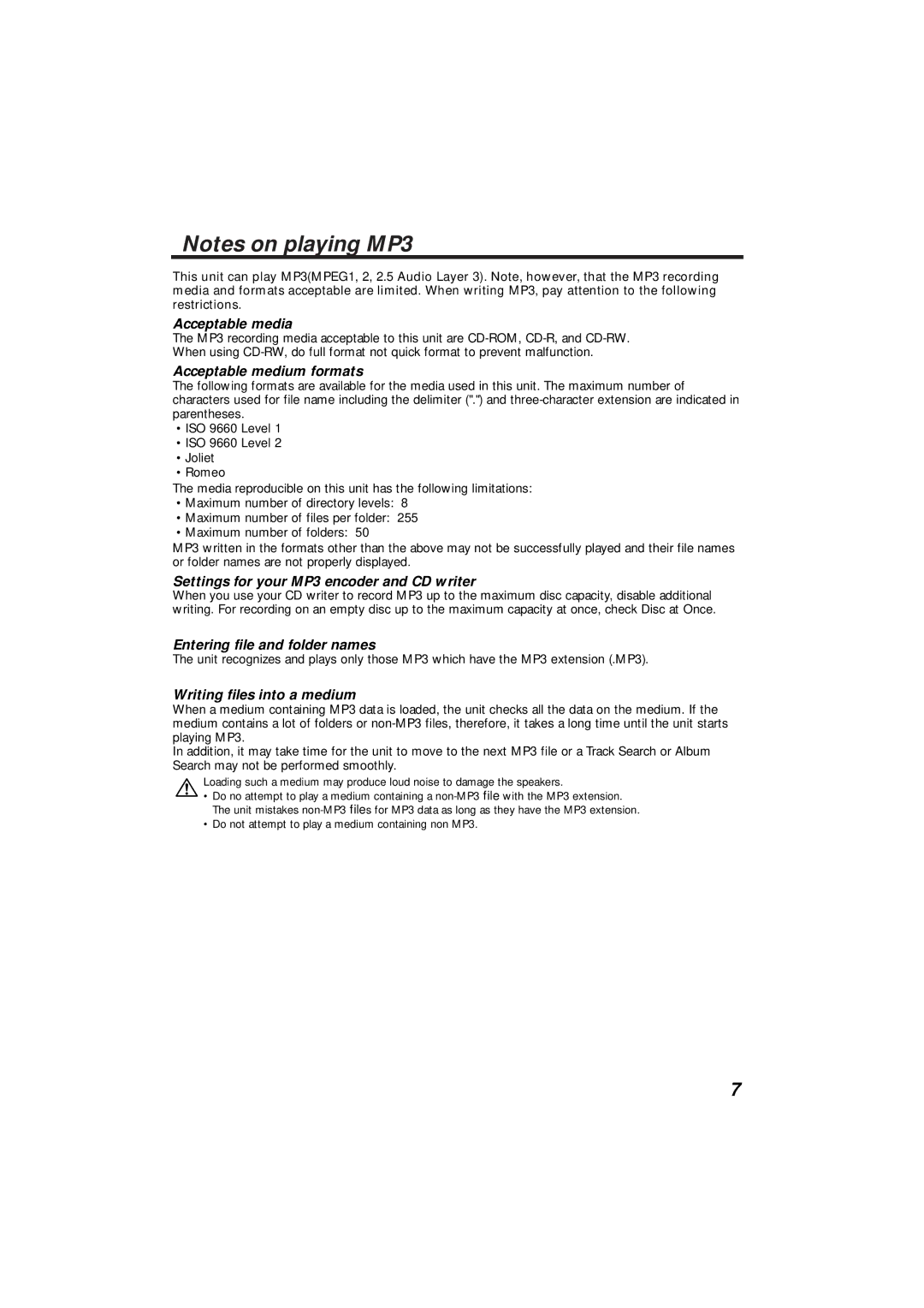 Kenwood KDC-C719MP Acceptable media, Acceptable medium formats, Settings for your MP3 encoder and CD writer 