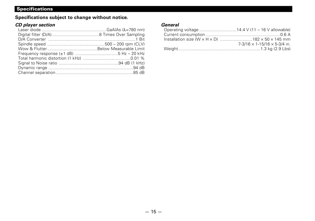 Kenwood KDC-D300 instruction manual Specifications subject to change without notice, General 