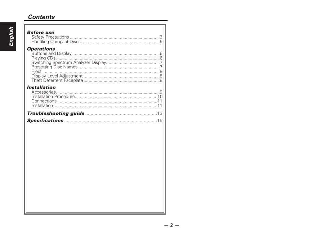 Kenwood KDC-D300 instruction manual Contents 