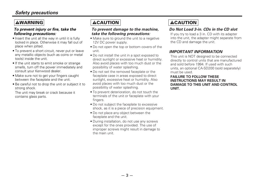 Kenwood KDC-D300 instruction manual Safety precautions, To prevent injury or fire, take the following precautions 