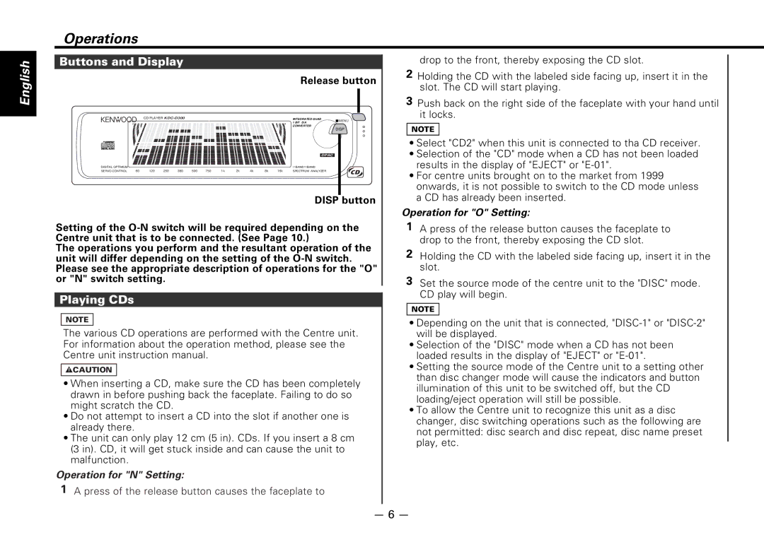 Kenwood KDC-D300 Operations, Buttons and Display, Playing CDs, Operation for N Setting, Operation for O Setting 