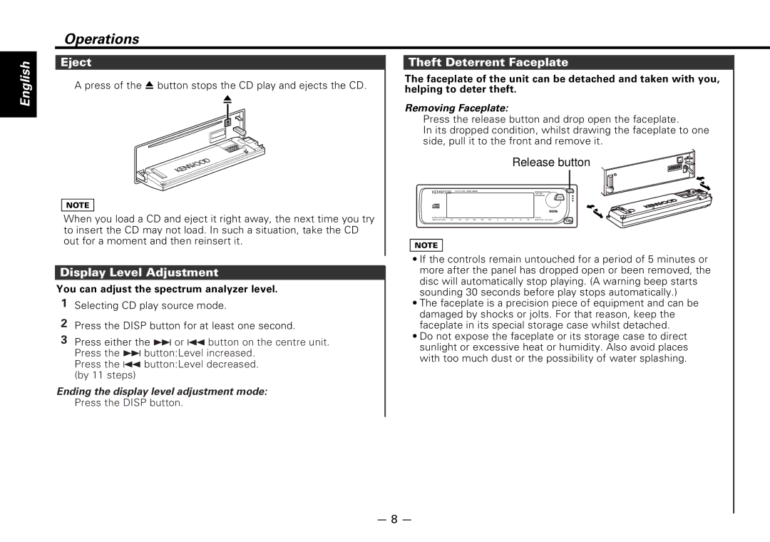 Kenwood KDC-D300 Eject, Display Level Adjustment, Theft Deterrent Faceplate, You can adjust the spectrum analyzer level 