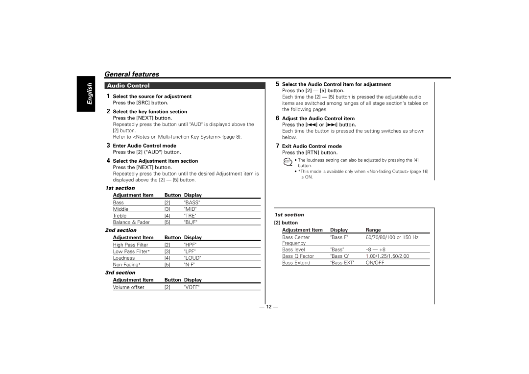 Kenwood KDC-M7024, KDC-7024 instruction manual Audio Control, 1st section, 2nd section, 3rd section 