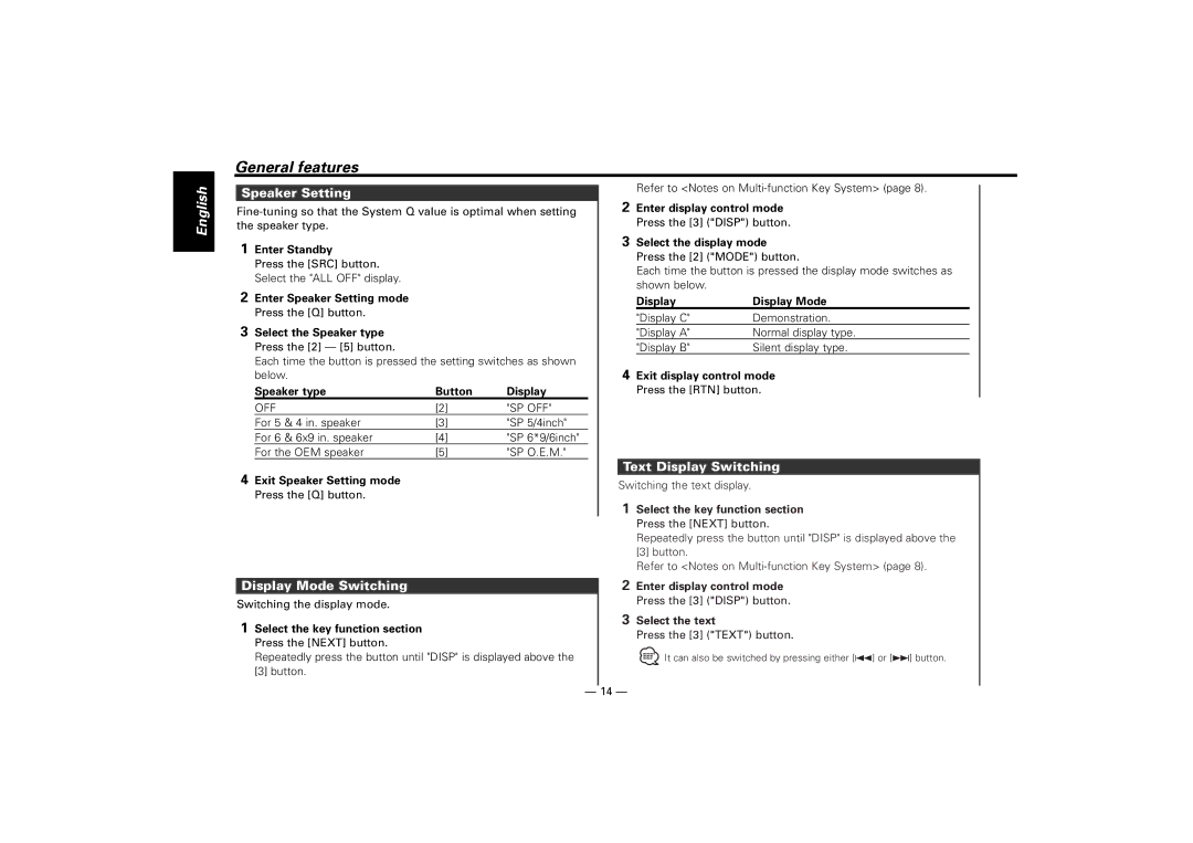 Kenwood KDC-M7024, KDC-7024 instruction manual Speaker Setting, Text Display Switching, Display Mode Switching 