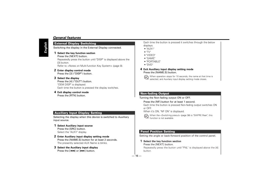 Kenwood KDC-M7024 External Display Switching, Auxiliary Input Display Setting, Non-fading Output, Panel Position Setting 