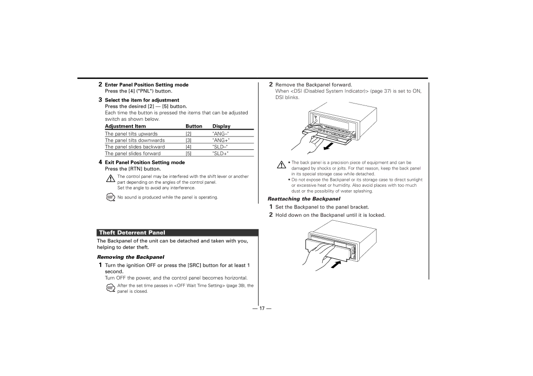 Kenwood KDC-7024 Theft Deterrent Panel, Exit Panel Position Setting mode Press the RTN button, Removing the Backpanel 