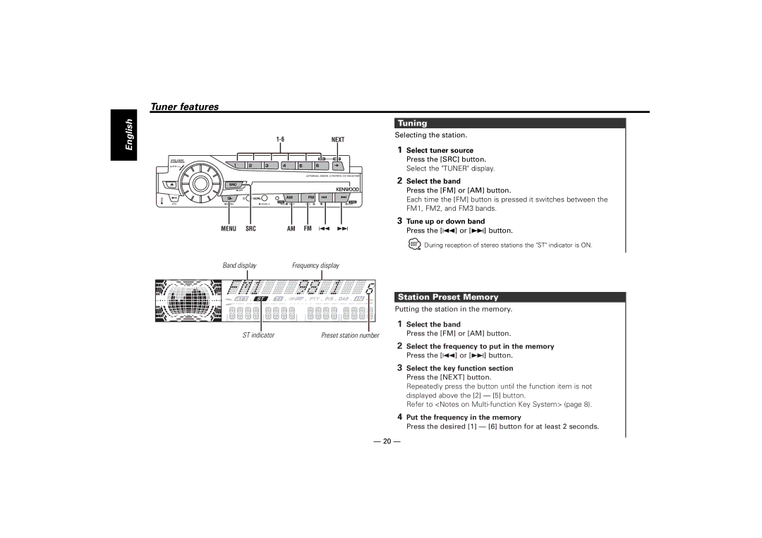 Kenwood KDC-M7024, KDC-7024 instruction manual Tuner features, Tuning, Station Preset Memory 