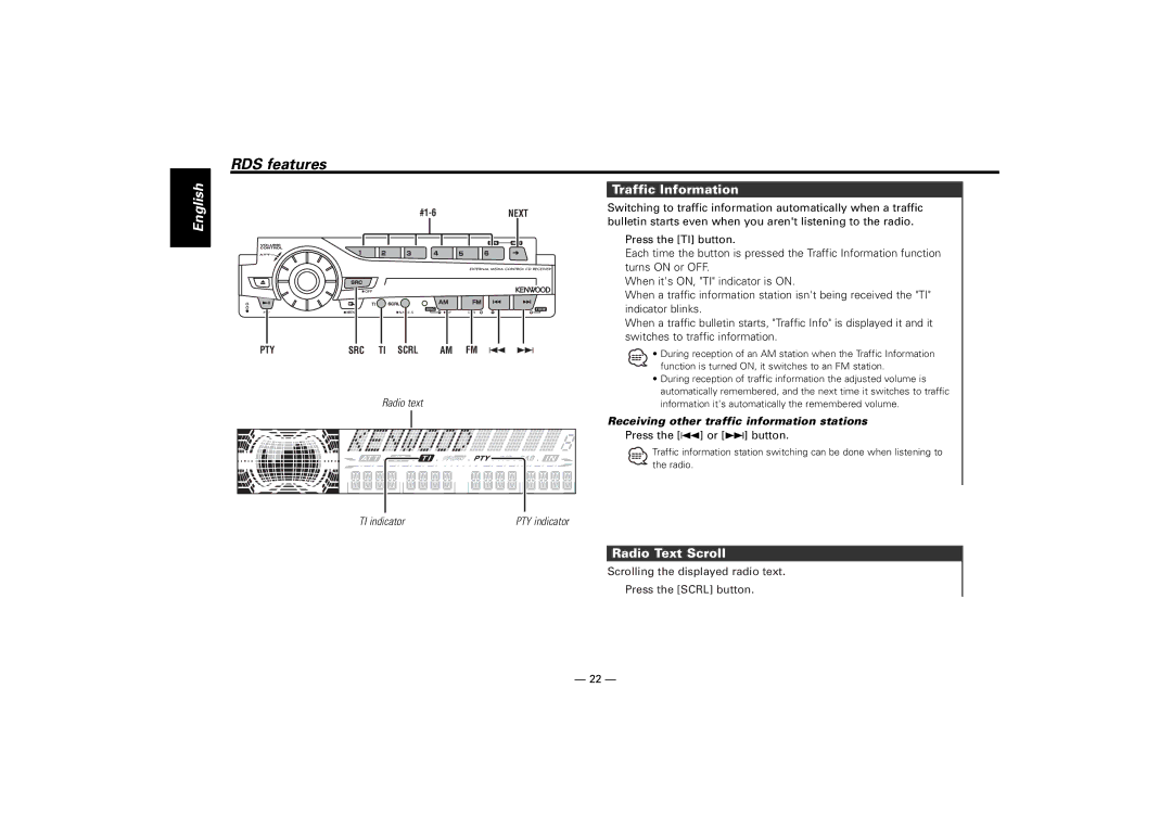 Kenwood KDC-M7024 RDS features, Traffic Information, Radio Text Scroll, Receiving other traffic information stations 