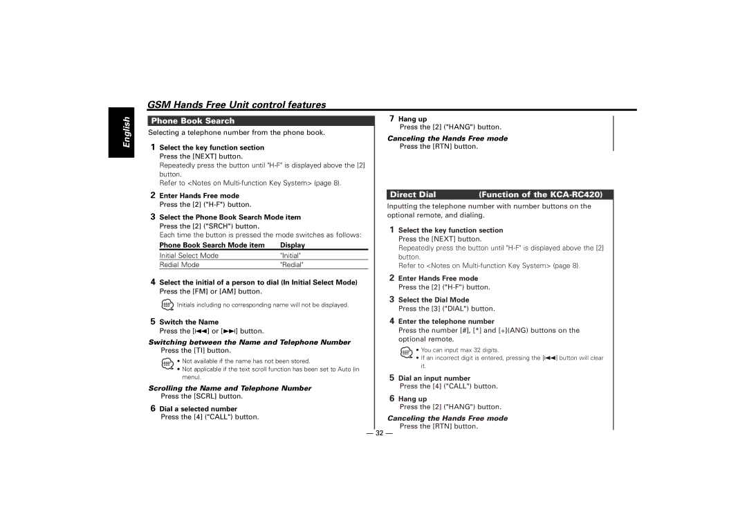 Kenwood KDC-M7024, KDC-7024 Phone Book Search, Direct Dial Function of the KCA-RC420, Canceling the Hands Free mode 