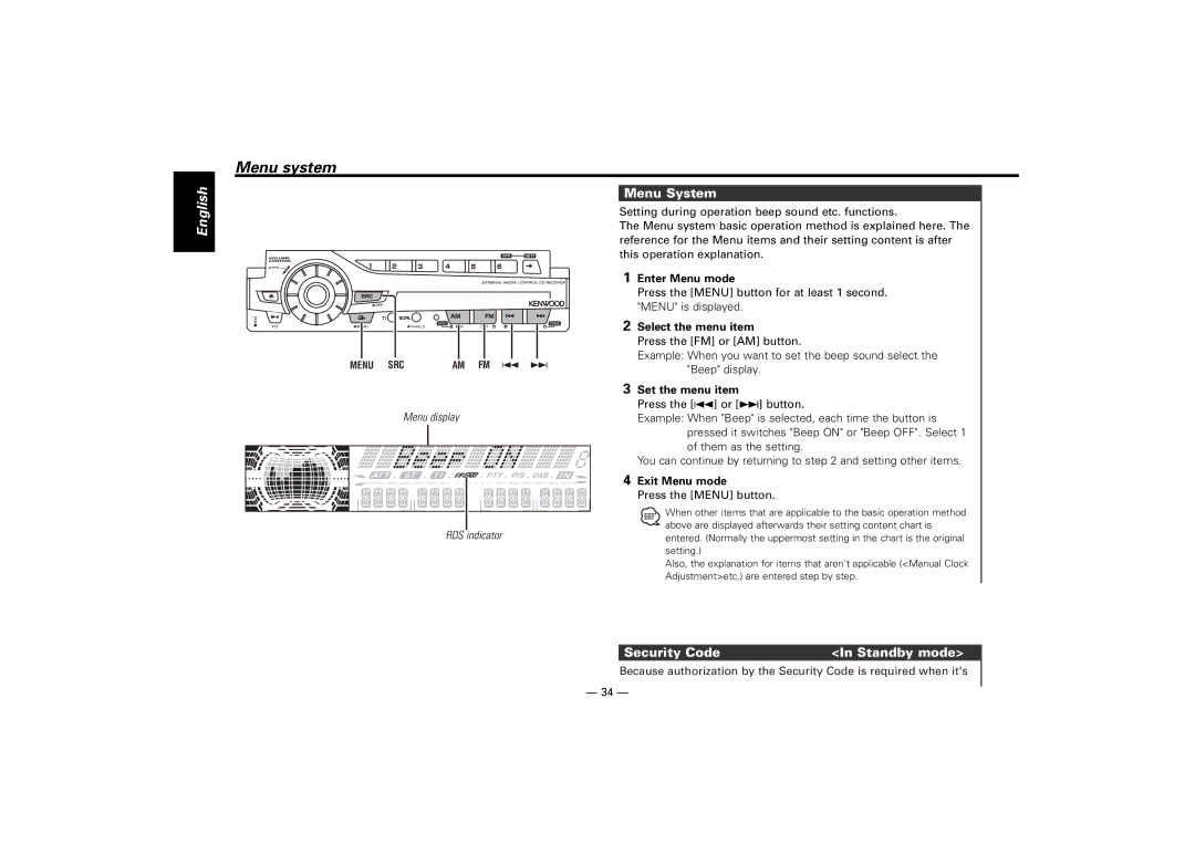 Kenwood KDC-M7024, KDC-7024 instruction manual Menu system, Menu System, Security Code Standby mode 