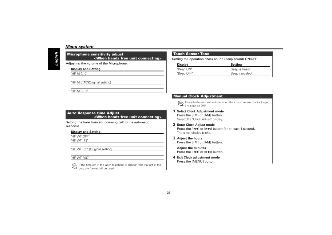 Kenwood KDC-M7024 Touch Sensor Tone, Manual Clock Adjustment, Auto Response time Adjust When hands free unit connecting 