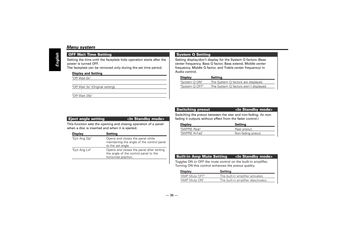 Kenwood KDC-M7024 OFF Wait Time Setting, System Q Setting, Eject angle setting Standby mode, Switching preout Standby mode 