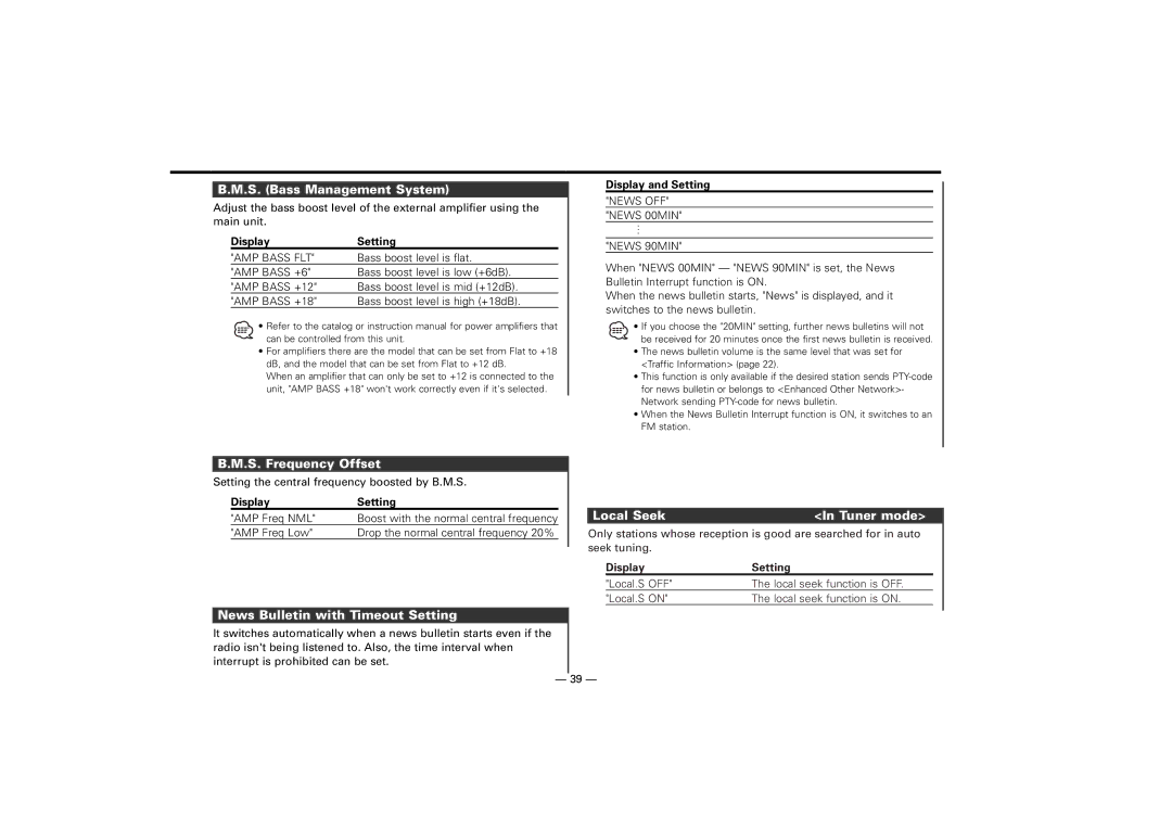 Kenwood KDC-7024, KDC-M7024 instruction manual S. Bass Management System, S. Frequency Offset, Local SeekIn Tuner mode 