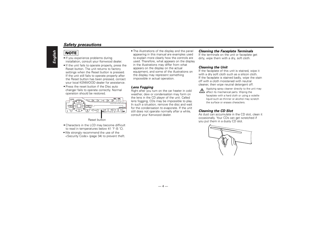 Kenwood KDC-M7024, KDC-7024 Lens Fogging, Cleaning the Faceplate Terminals, Cleaning the Unit, Cleaning the CD Slot 