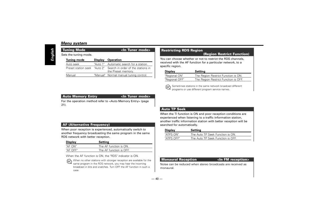 Kenwood KDC-M7024 Tuning Mode Tuner mode, Restricting RDS Region Region Restrict Function, Auto Memory Entry Tuner mode 