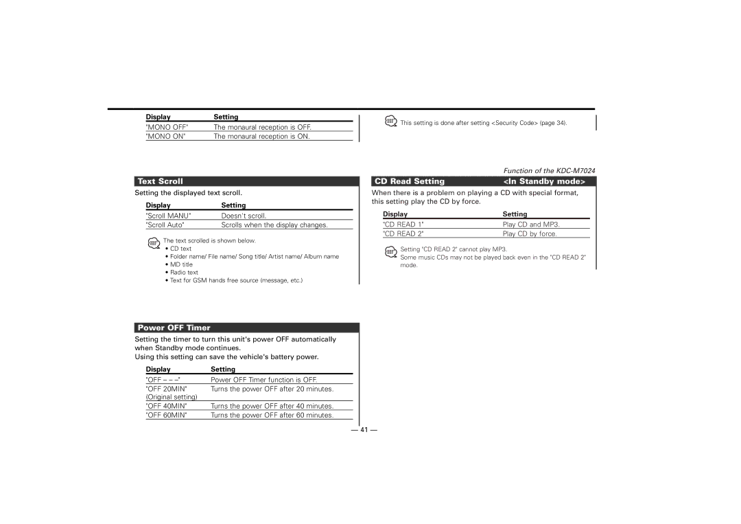 Kenwood KDC-7024, KDC-M7024 instruction manual Text Scroll, Power OFF Timer 