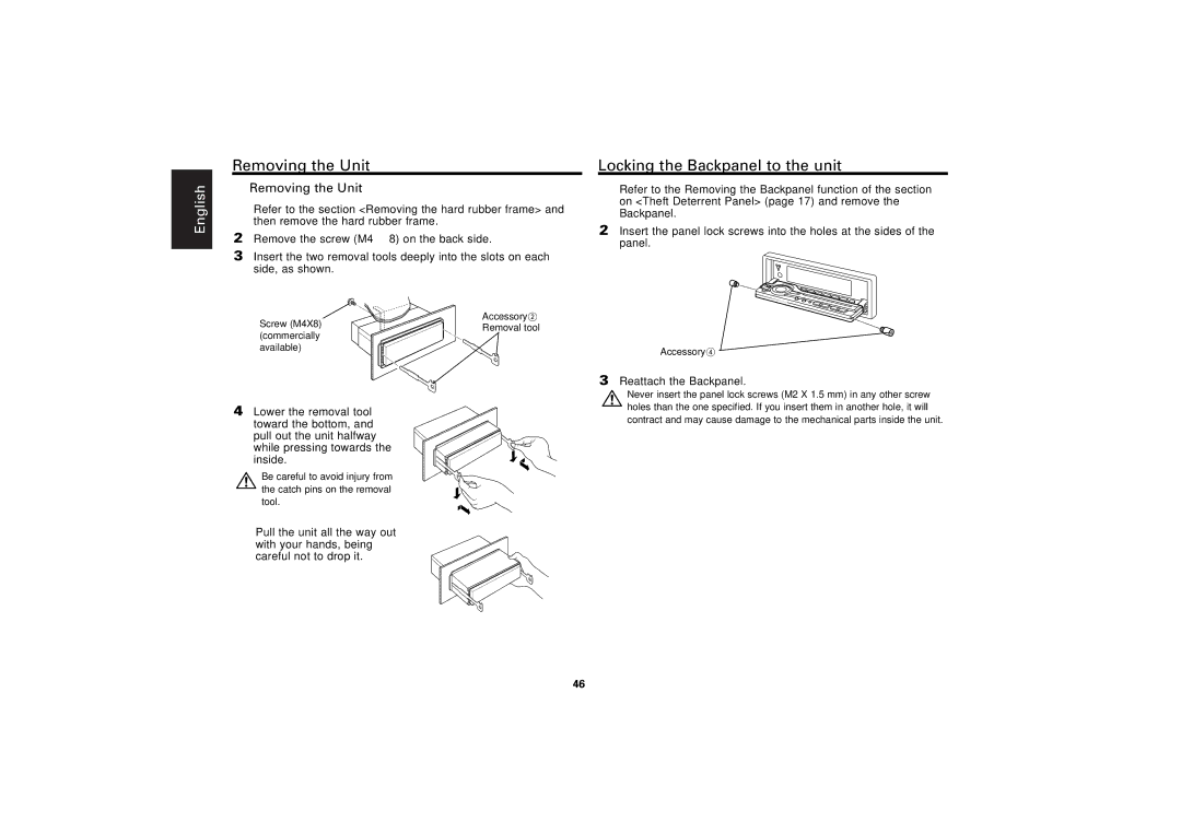 Kenwood KDC-M7024, KDC-7024 instruction manual Locking the Backpanel to the unit, Removing the Unit, Reattach the Backpanel 