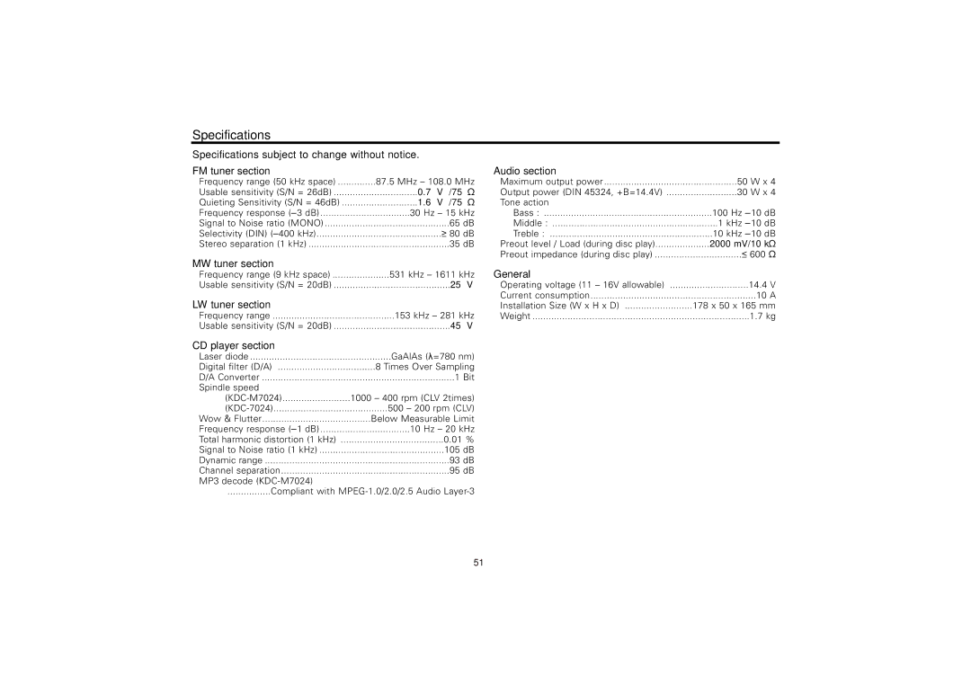 Kenwood KDC-7024, KDC-M7024 instruction manual Specifications 