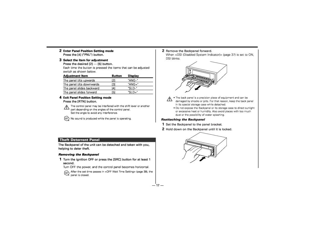 Kenwood KDC-7024, KDC-M7024 instruction manual Theft Deterrent Panel, Removing the Backpanel, Reattaching the Backpanel 