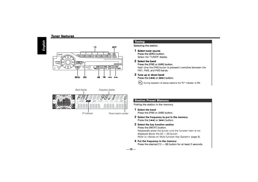 Kenwood KDC-M7024, KDC-7024 instruction manual Tuner features, Tuning, Station Preset Memory, English 