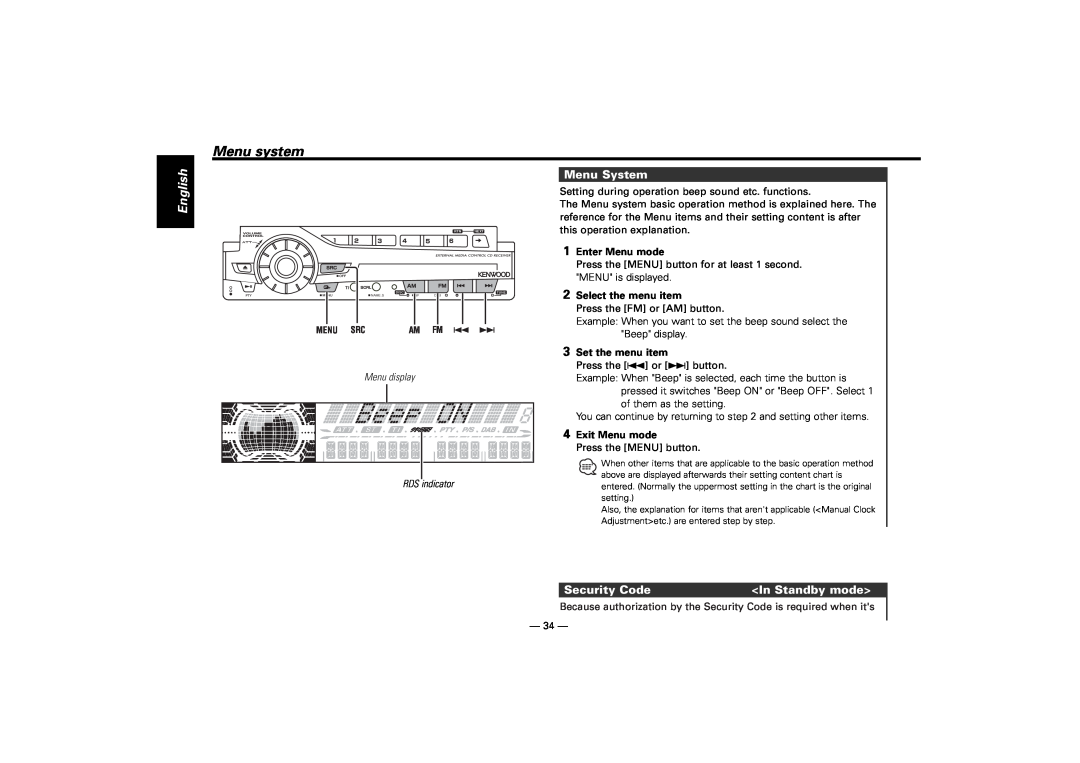 Kenwood KDC-M7024, KDC-7024 instruction manual Menu system, Menu System, Security Code, In Standby mode, English 