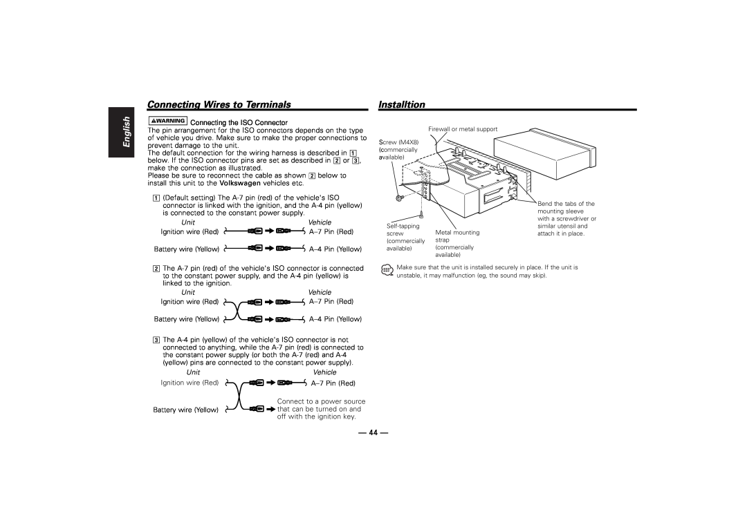 Kenwood KDC-M7024, KDC-7024 instruction manual Installtion, Connecting Wires to Terminals, English 