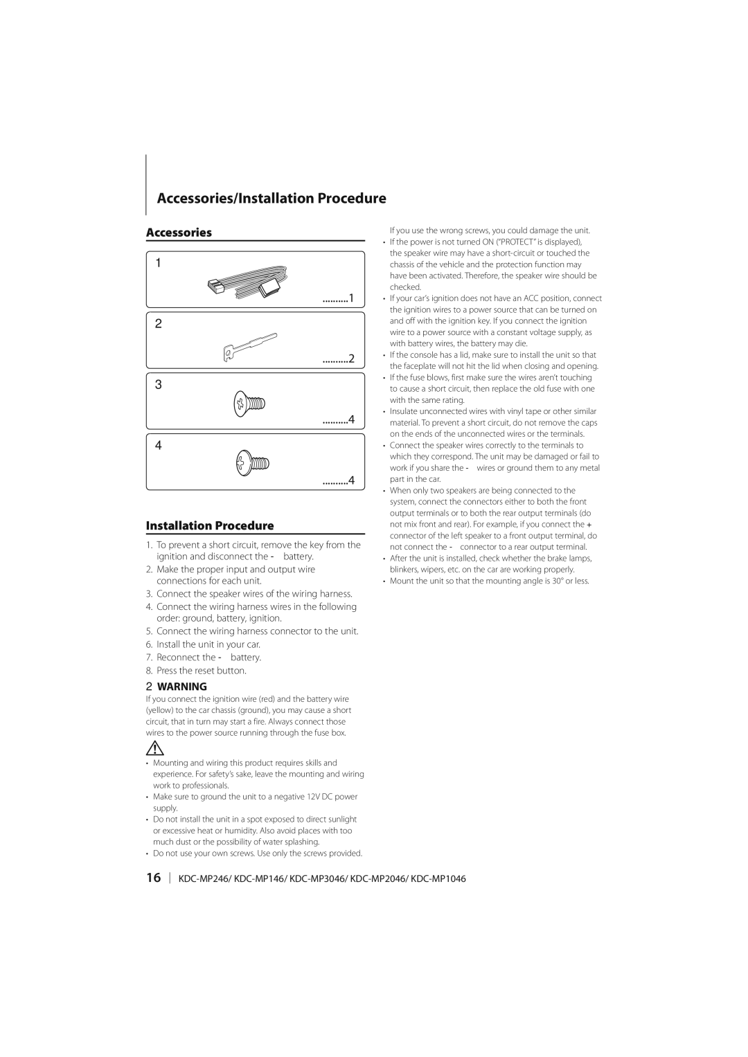 Kenwood KDC-MP146, KDC-MP1046, KDC-MP3046, KDC-MP246 Accessories/Installation Procedure, Accessories Installation Procedure 