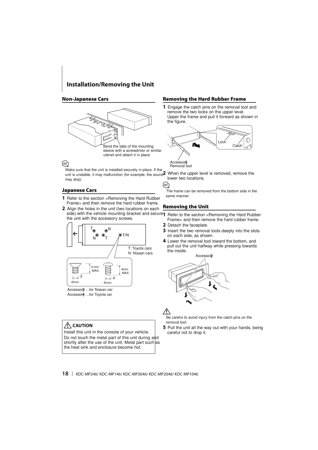 Kenwood KDC-MP246, KDC-MP1046, KDC-MP146 Installation/Removing the Unit, Non-Japanese Cars, Removing the Hard Rubber Frame 