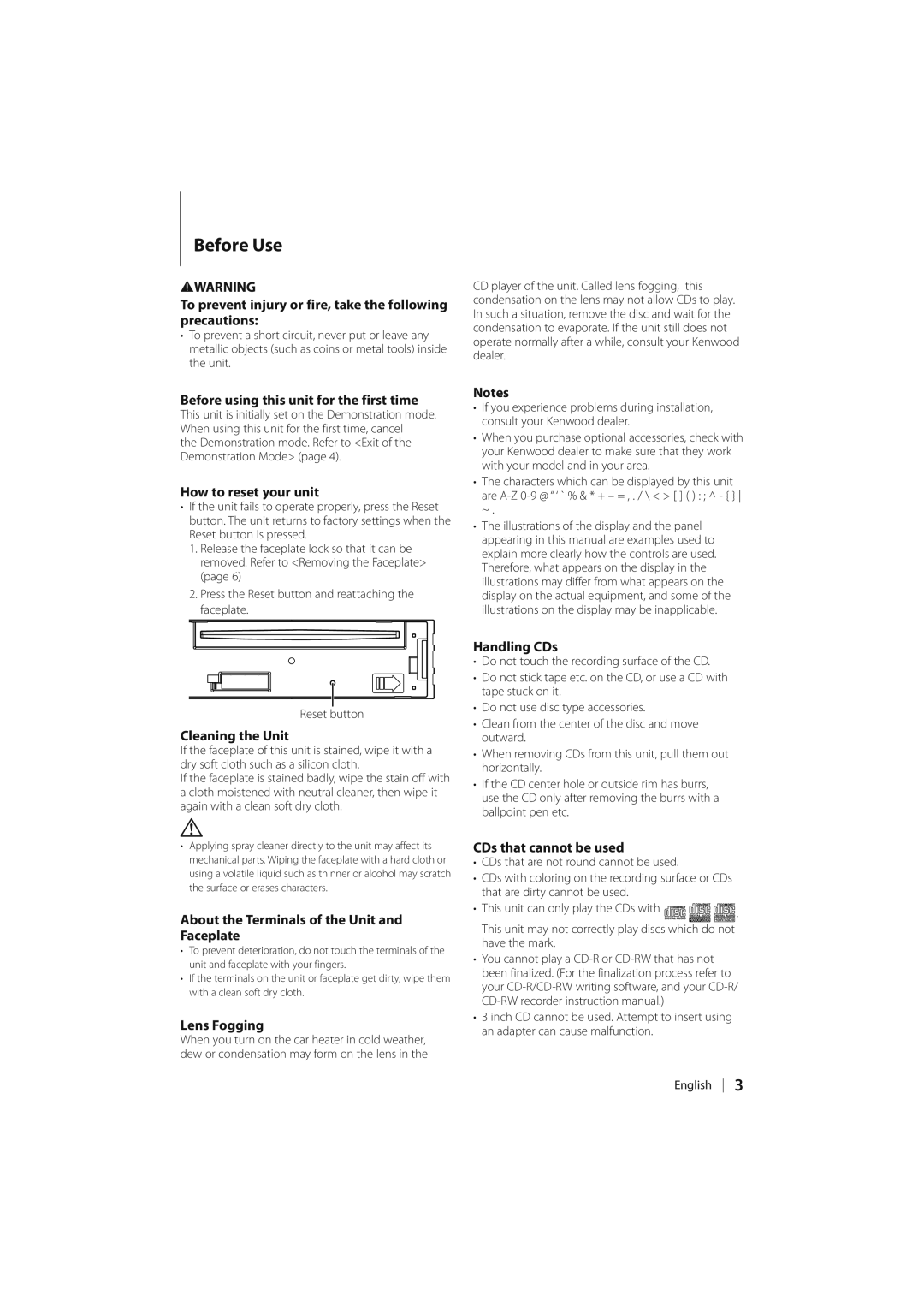 Kenwood KDC-MP246, KDC-MP1046, KDC-MP146, KDC-MP3046, KDC-MP2046 instruction manual Before Use 