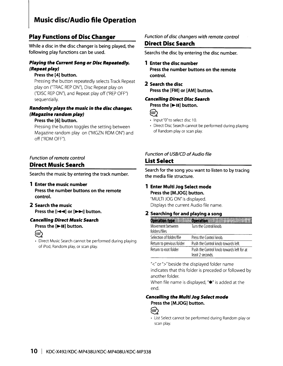 Kenwood KDC-MP338, KDC-MP438U, KDC-MP408U instruction manual Music discIAudio file Operation 