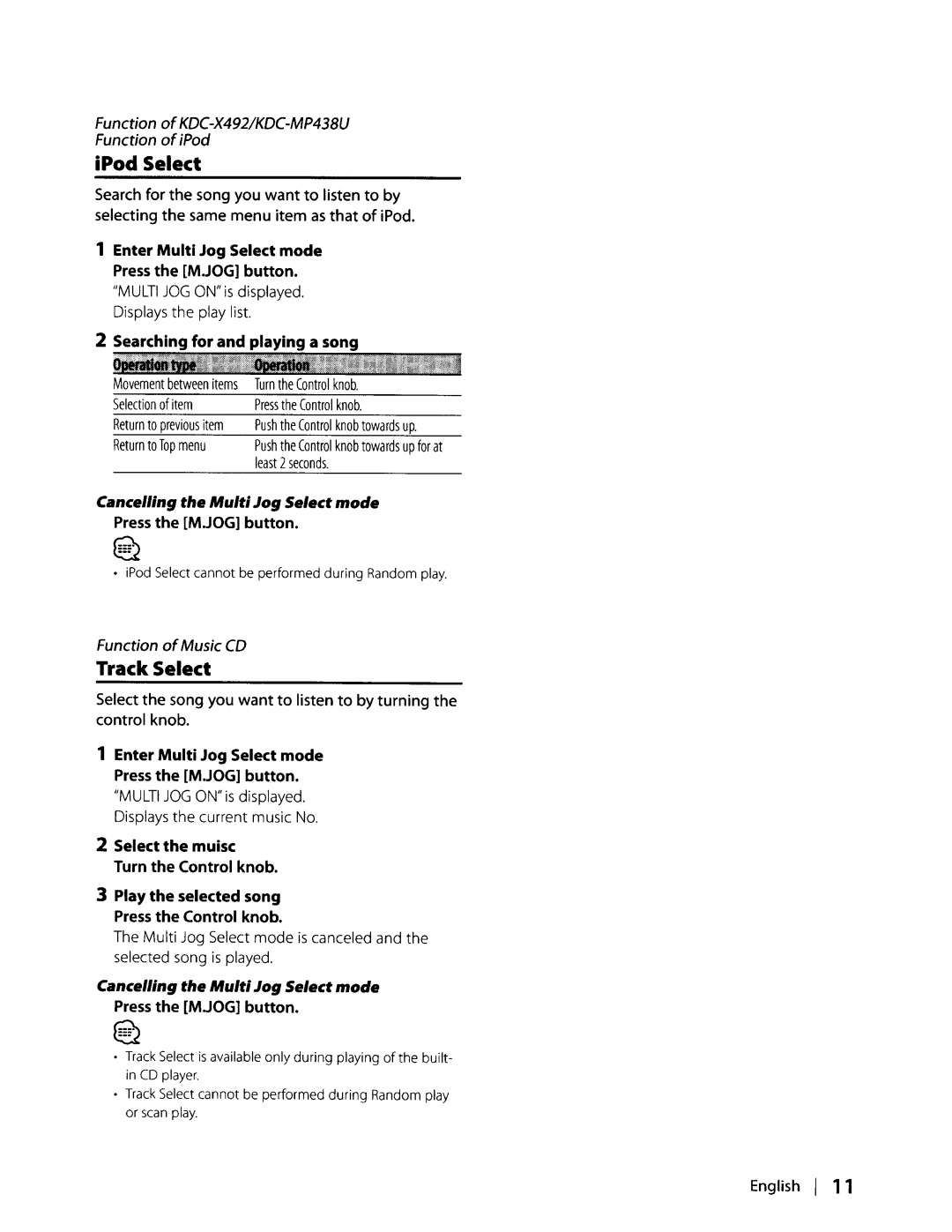 Kenwood KDC-MP408U, KDC-MP438U Enter Multi Jog Select mode Press the Mjog button, Searching for and playing a song 